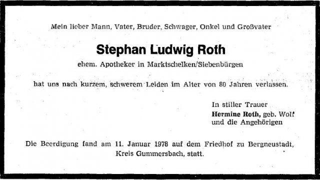 Roth Stephan Ludwig 1897-1978 Todesanzeige